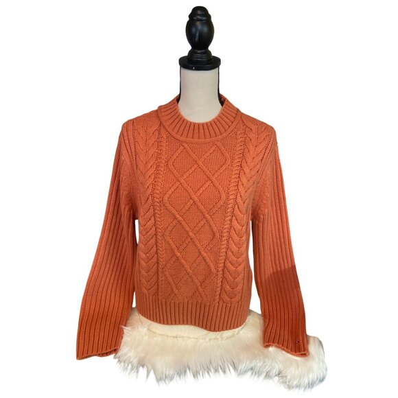 Tommy Hilfiger  Womens Sweater XL Orange Cable Knit Ribbed Cropped Cabincore - Picture 1 of 8